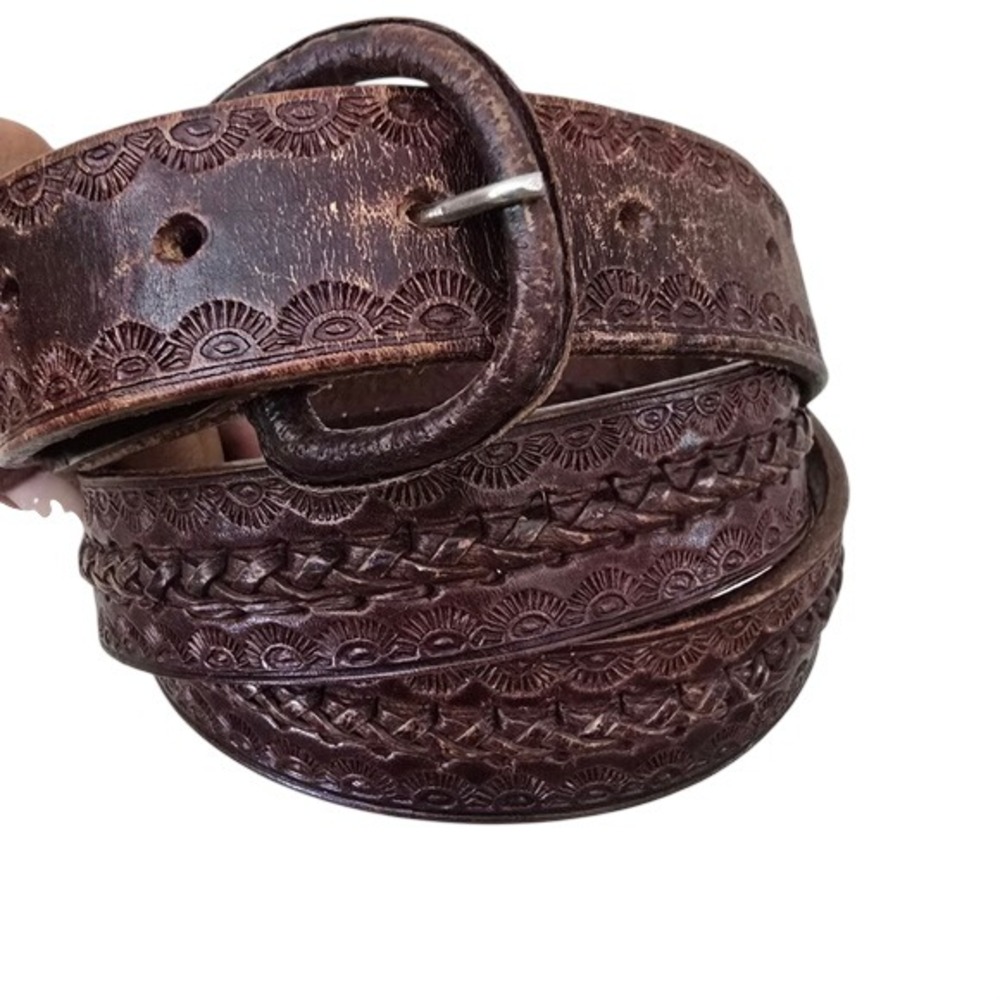 Vintage Tooled Leather Belt Braided Inlay Sunburst Western Boho Dark Brown‎ Mens